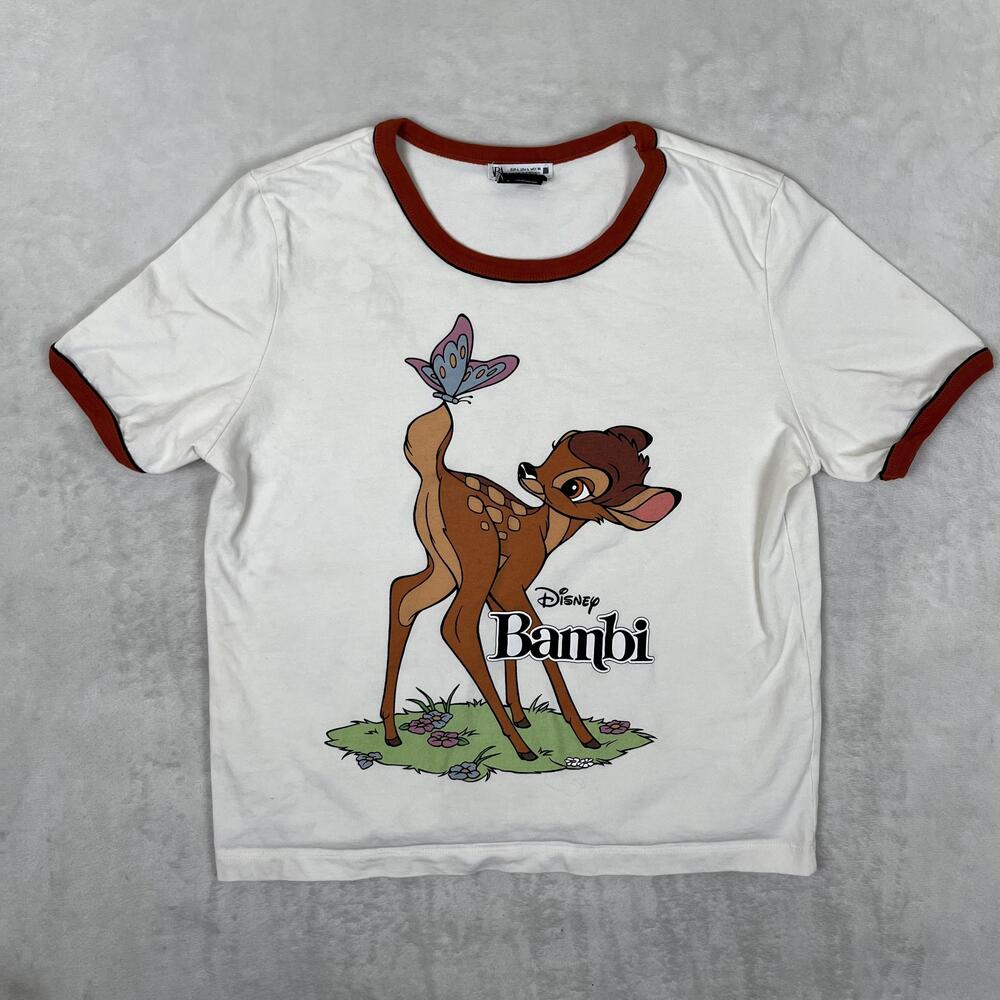 Zara Disney Bambi T-Shirt Womens Large White Ringe Graphic Cartoon Tee